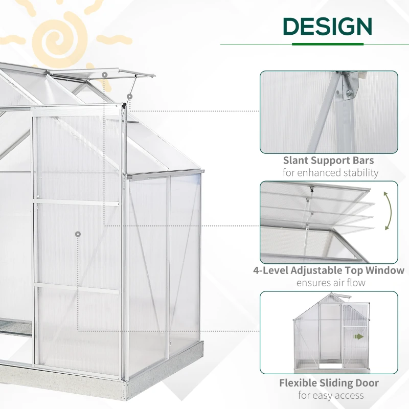 Outsunny 6' x 4' Hobby Greenhouse, Walk-in Polycarbonate Hot House Kit with Aluminum Frame, Sliding Door, Roof Vent, Silver