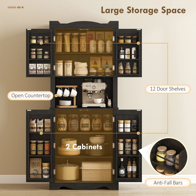 HOMCOM 73" Kitchen Pantry Cabinet, Freestanding Kitchen Hutch with 12 Door Shelves, Adjustable Shelves, Microwave Stand, Black