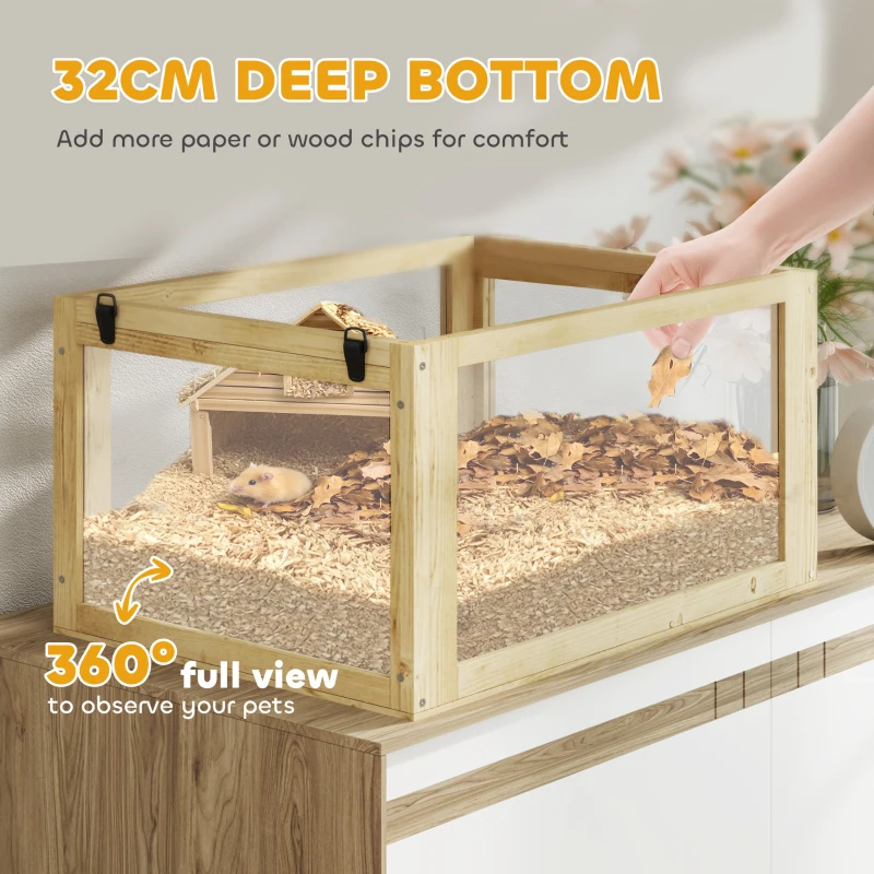 PawHut Wooden Hamster Cage, 3 Tier Gerbil Cage with Deep Bottom, Hut, Seesaw, Exercise Wheel, Ramps, 24" x 16" x 29.5"