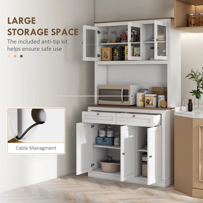 HOMCOM 71" Pantry Cabinet with Microwave Space, Kitchen Cabinet with Hutch, 2 Drawers, Adjustable Shelves, Glass Doors, White