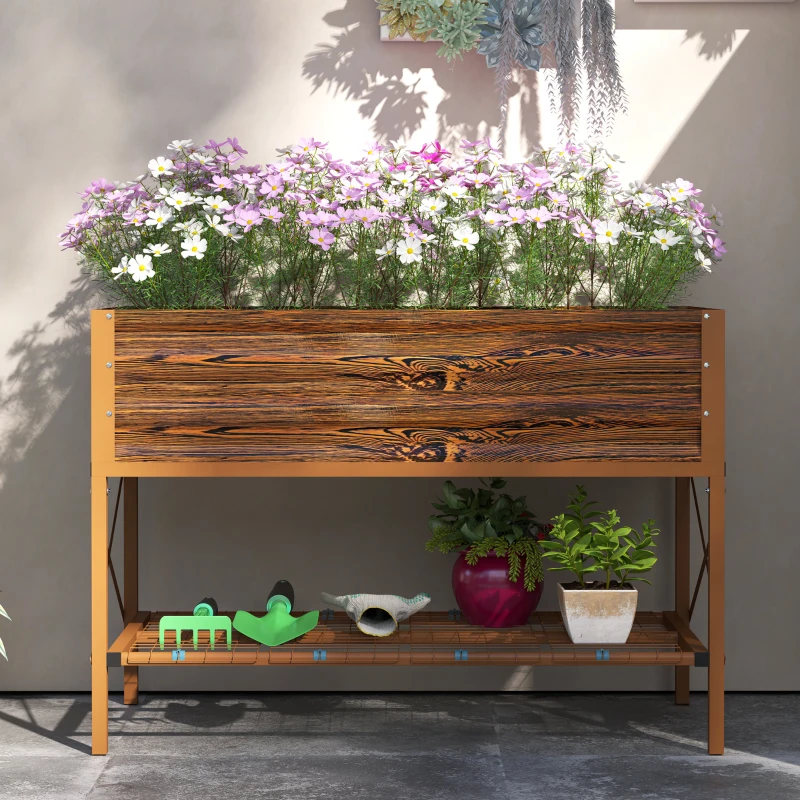 Outsunny Galvanized Raised Garden Bed, Metal Planter Box with Legs, Storage Shelf and Bed Liner, Dark Brown