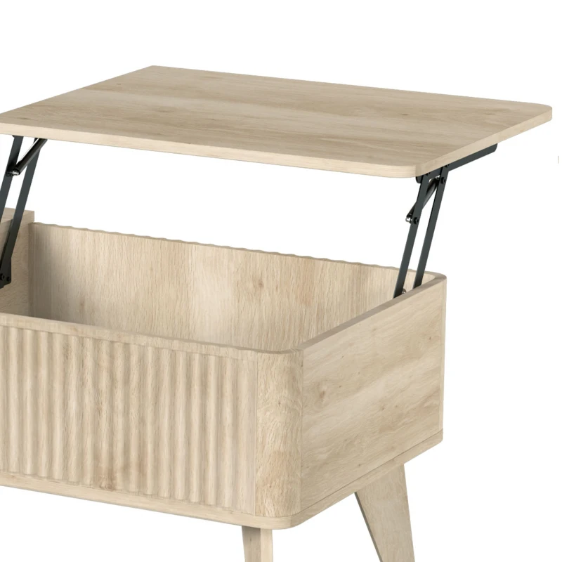 HOMCOM 40" Fluted Lift Top Coffee Table with Storage, Mid-Century Coffee Table with Hidden Compartment, Open Shelf, Oak