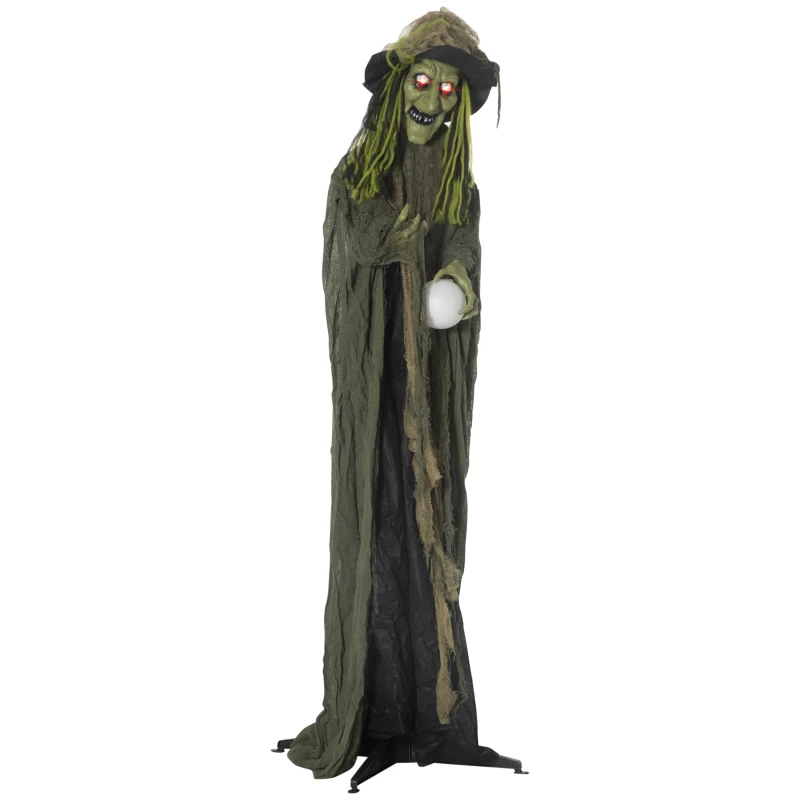 Outsunny 74" Life Size Outdoor Halloween Decorations Talking Zombie Witch, Animated Prop with Sound and Motion Activated Light Up Eyes and Multicolored Crystal Ball, Green