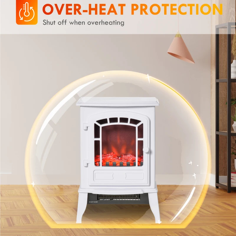 HOMCOM Electric Fireplace Heater, Freestanding Fireplace Stove with Realistic Flame Effect Overheat Protection 750W/1500W White