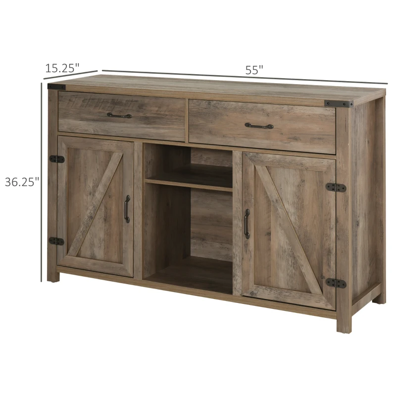 HOMCOM Farmhouse Coffee Bar Cabinet, Sideboard Buffet Cabinet Wine Cabinet with Drawers, Barn Style Doors, Wine Rack, Distressed Oak Brown