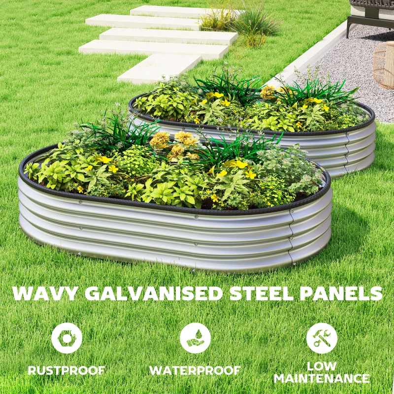 Outsunny 2Pcs Galvanized Raised Garden Bed, 4 x 3 x 1 ft Modular Metal Garden Beds with Rubber Strip Edging, Silver