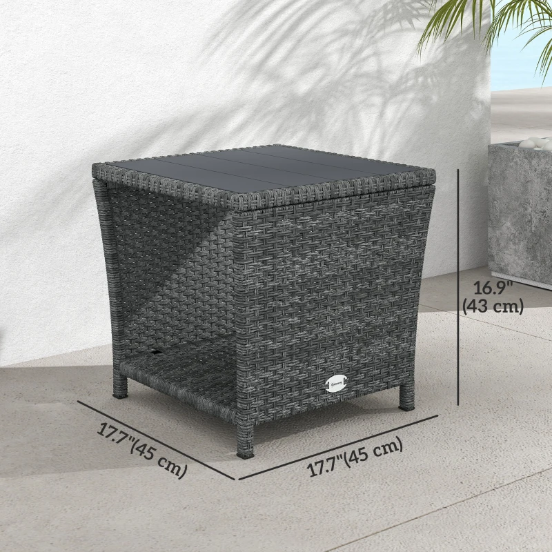 Outsunny 17.7" Wicker Side Table with Storage Shelf, Square PE Rattan Outdoor End Table with PS Wood Slat Top, Grey
