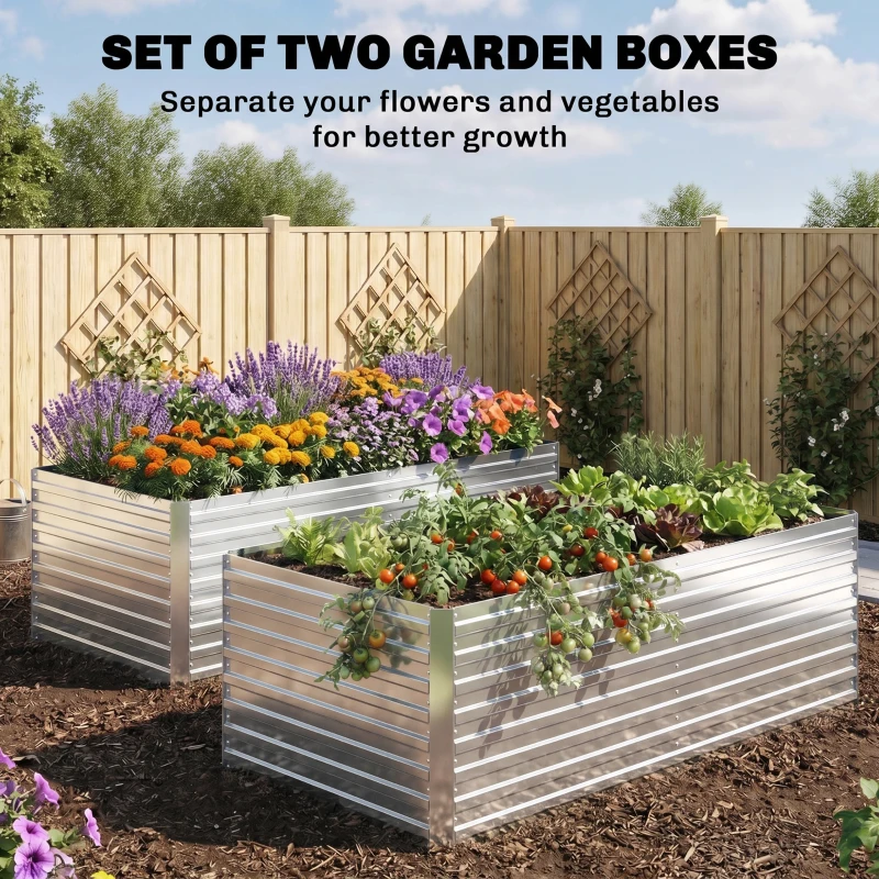 Outsunny 6' x 3' x 2' Raised Garden Bed, Set of 2 Galvanized Planter Box for Vegetables, Flowers, Herbs, Silver