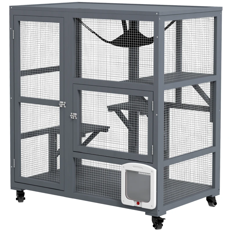 PawHut Cat Condo Wooden Indoor Cat House on Wheels with Cat Flap Door Platforms Hammock Openable Top for 2 Cats, Light Grey