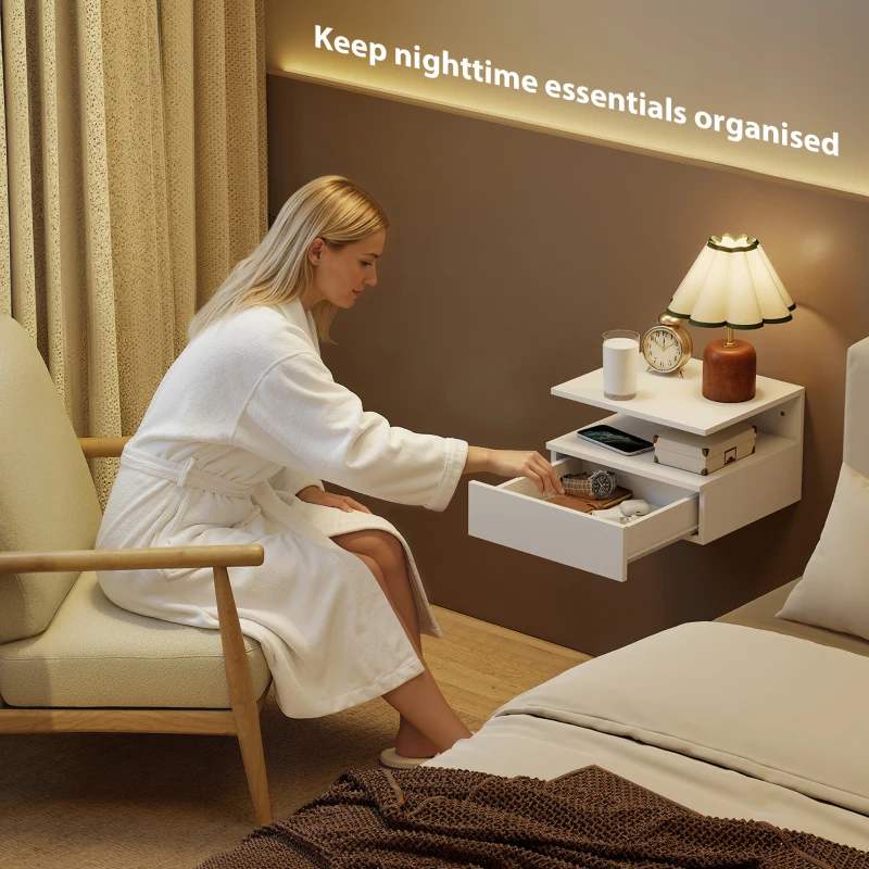 HOMCOM Floating Nightstand Set of 2, Wall Mounted Bedside Table with Drawer and Shelf, Small Night Stand for Bedroom, White