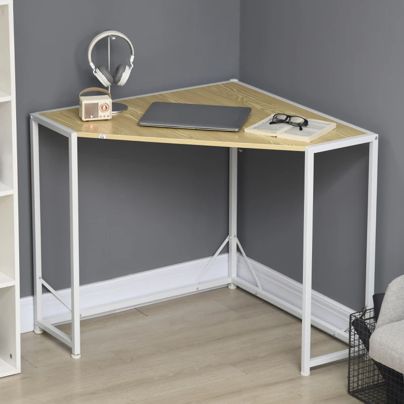 HOMCOM Space-Saving Corner Desk, Small Computer Desk with Metal Frame, Writing Desk for Home Office, Small Spaces, Natural