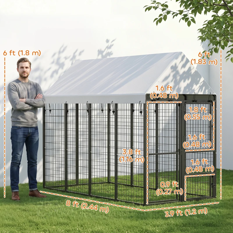 PawHut 8' x 4' x 6' Large Dog Kennel Outdoor with 3 Doors, 420D Waterproof Cover, Secure Lock