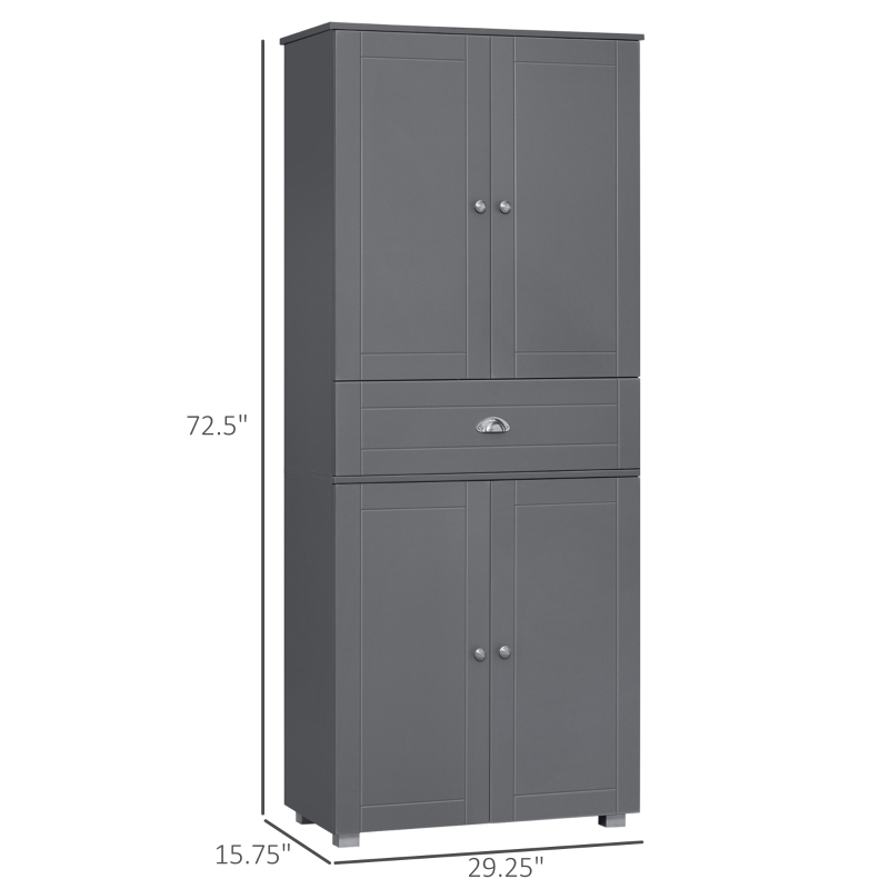 HOMCOM Tall Storage Cabinet, 72" Freestanding Kitchen Pantry Cabinet with 4 Doors, Drawer and Adjustable Shelves, Gray