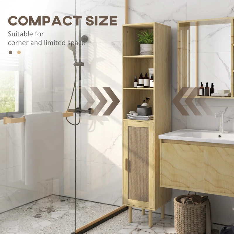 HOMCOM Tall Bathroom Cabinet with Rattan Doors, Freestanding Bathroom Storage Cabinet with Adjustable Shelves, Distressed Oak