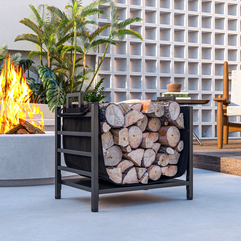 Outsunny Firewood Rack, Indoor Outdoor Wood Storage Log Holder with Log Carrier, Handles, 19.3" x 13.4" x 17.3", Black