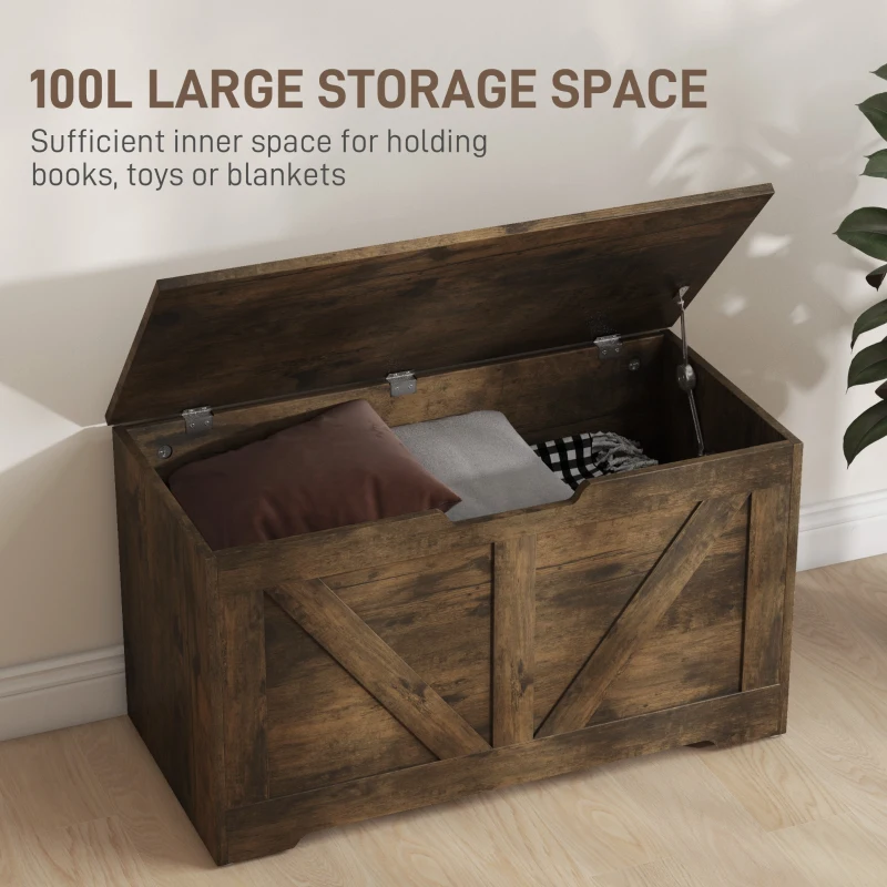 HOMCOM 31.5 Inches Storage Chest, Storage Trunk with 2 Safety Hinges for Living Room, Brown Wood Grain