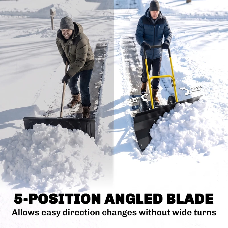 Outsunny Snow Shovel with Wheels, 29" x 16.5" Metal Snow Pusher with Adjustable Handle, 5-Angle Blade for Driveway, Yellow