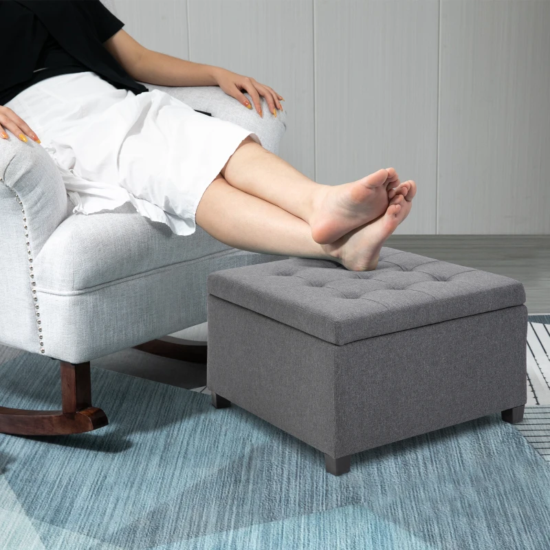 HOMCOM Tufted Storage Ottoman, Upholstered Accent Bench Seat, Cube Storage Box, Footrest Stool, Dark Grey