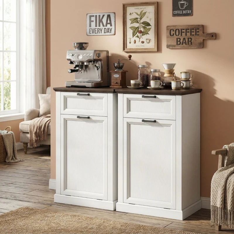HOMCOM 10 Gallon Trash Can Cabinet with Drawer, Farmhouse Tilt Out Garbage Cabinet Laundry Hamper, White Wood Effect