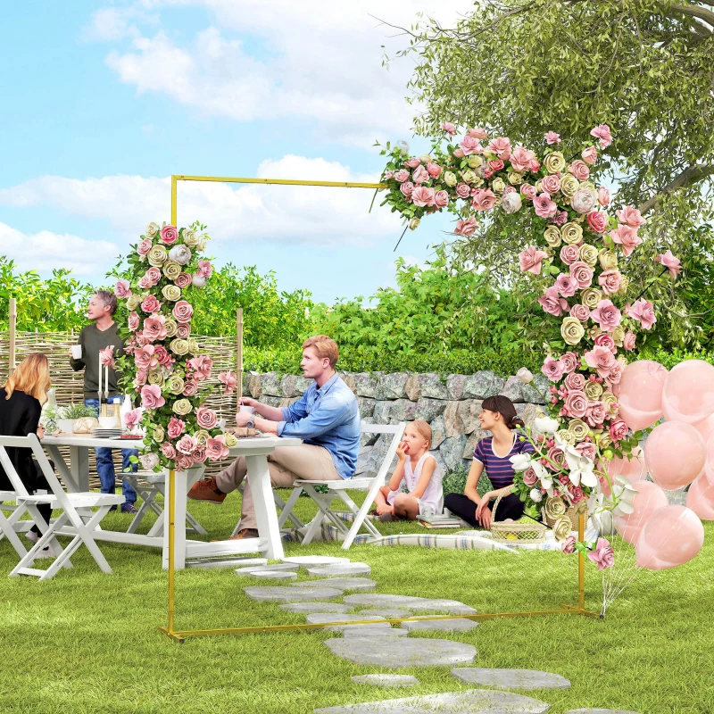 Outsunny Wedding Arch Backdrop Stand, Square Wedding Arch with U-shaped Stakes, 6.6 FT Gold Metal Arch Frame