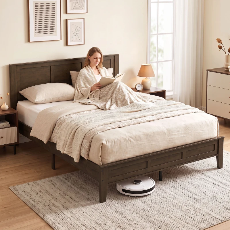 HOMCOM Queen Size Bed Frame with Headboard and Footboard, Mid-Century Modern Platform Bed Frame with Under-Bed Storage, Walnut