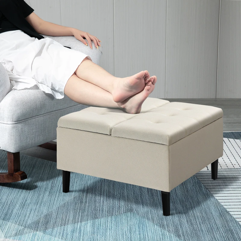 HOMCOM 30" Square Storage Ottoman, Upholstered Ottoman Coffee Table with Lift Top, Button Tufted and Wood Legs, Accent Footstool for Living Room, Cream White