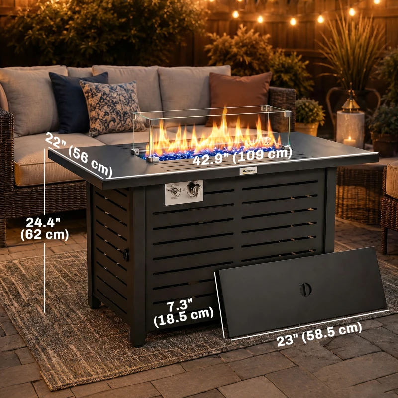 Outsunny Propane Gas Fire Pit Table, Outdoor Firepit with 43" Steel Tabletop and Lid, 50,000 BTU Pulse Ignition Fire Table w/ Stainless Steel Burner, Glass Wind Guard, and Cover