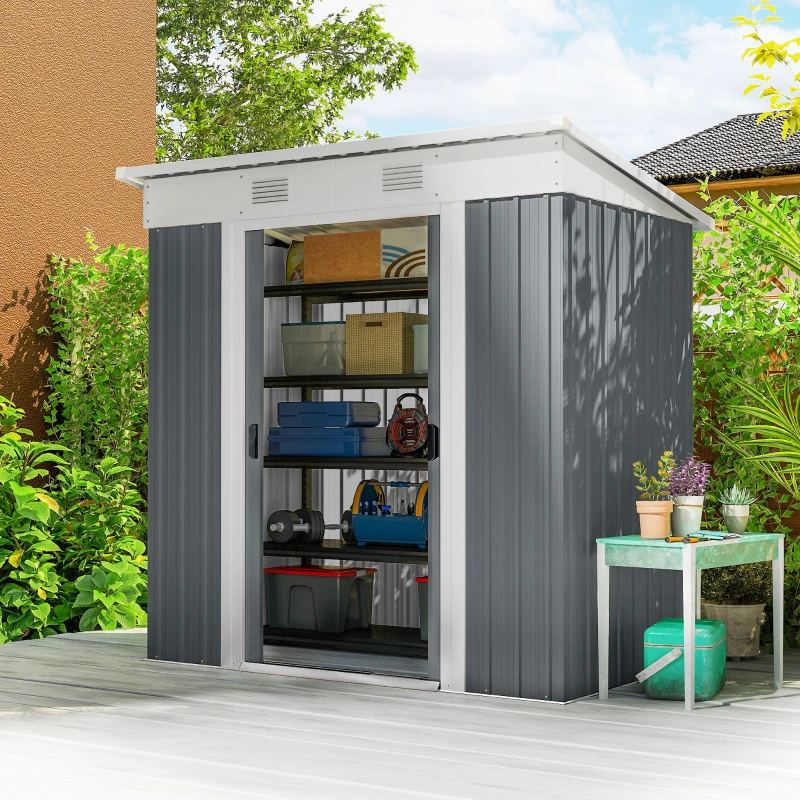 Outsunny 6' x 4' Outdoor Storage Shed, Metal Garden Shed with Lockable Sliding Doors and Vents, Grey