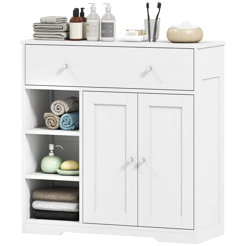 HOMCOM Bathroom Floor Cabinet, Freestanding Bathroom Cabinet with Drawer, Door, Open Shelves, White