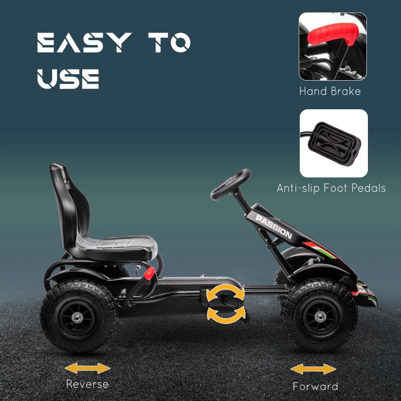 Aosom Kids Pedal Go Kart, Outdoor Ride on Toys with Adjustable Seat, Sharp Handling, Handbrake, 4 Non-Slip Rubber Wheels for Boys & Girls Aged 5-12 Years Old, Black
