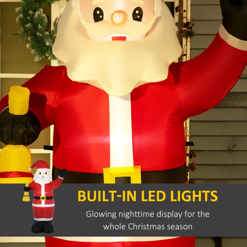 HOMCOM 8ft Christmas Inflatable Santa Claus Ringing Bell, Outdoor Blow-Up Yard Decoration with LED Lights Display