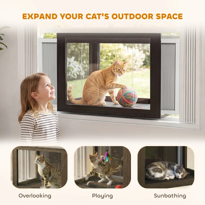 PawHut Catio Outdoor Cat Enclosure Adjustable Cat House Waterproof Top for Window 24" x18.5" x16.1" Black & White