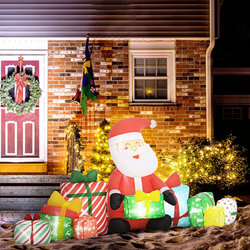 Outsunny 4.4' Inflatable Santa Claus and Gift Boxes w/ White LED Lights, Blow-Up Outdoor Display for Party