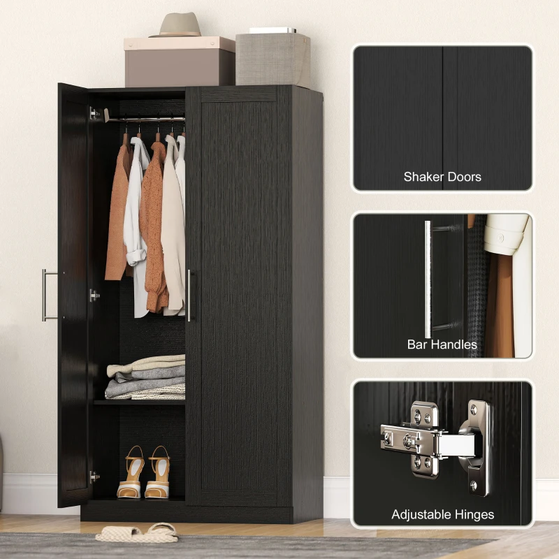 HOMCOM Wardrobe Cabinet with 2 Doors and Hanging Rod, Modern Armoire Wardrobe Closet for Bedroom, Black Wood Effect