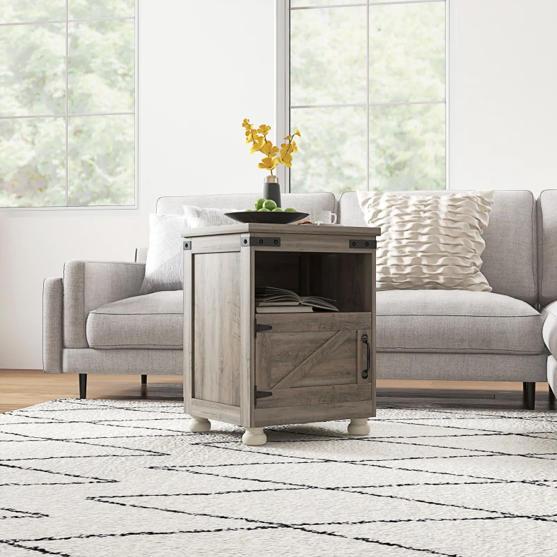HOMCOM Side Table with Storage, End Table with Open Shelf, Cupboard and Wood Legs, Modern and Farmhouse Style, Gray