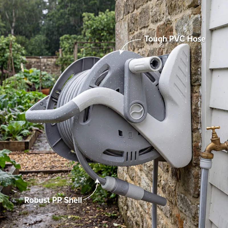 Outsunny Portable Garden Hose Reel, 1/2" x 66ft Wall Mounted Hose Reel with 2 Patterns Spray Nozzle and Crank Handle, Grey
