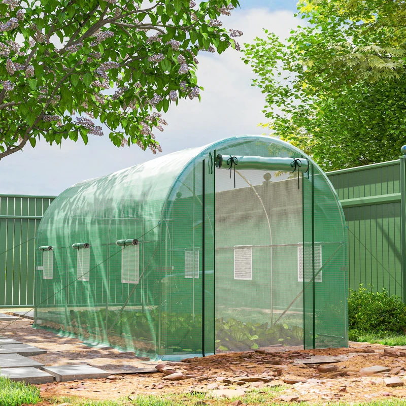 Outsunny Hoop House Greenhouse, Walk-in Tunnel Greenhouse with 2 Support Rods, Zippered Roll-up Mesh Door, 14.6'x6.5'x6.6', Green