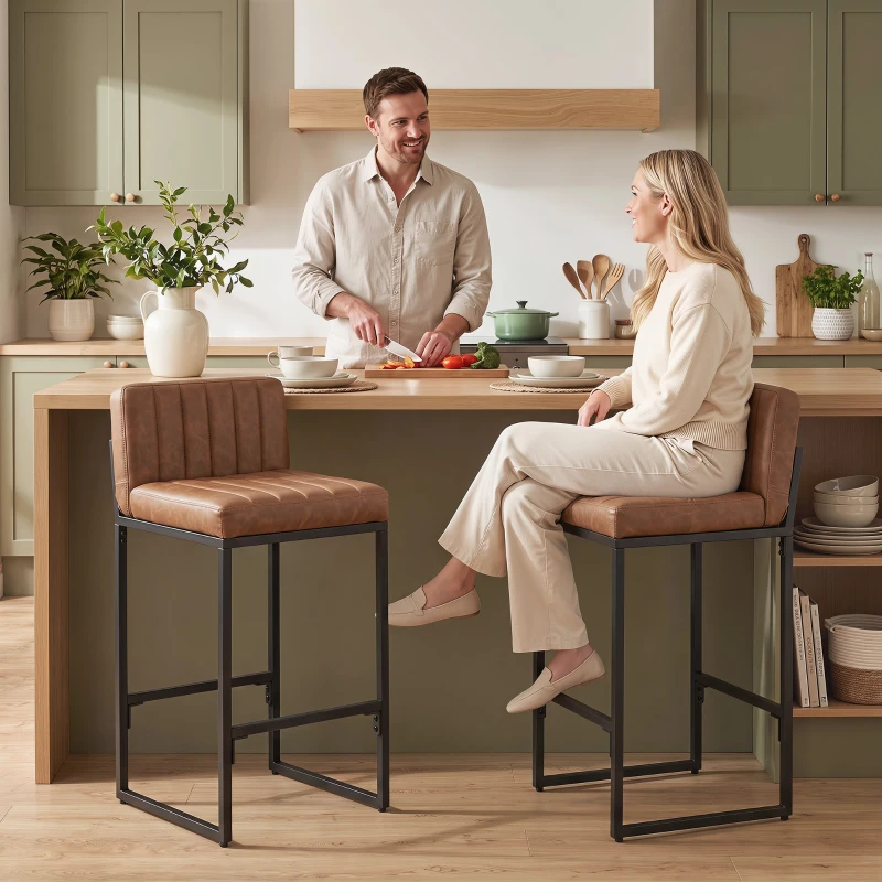 HOMCOM Bar Stools Set of 2, Retro Padded Counter Height Stools with Back and Metal Leg, Vintage PU Leather, Brown