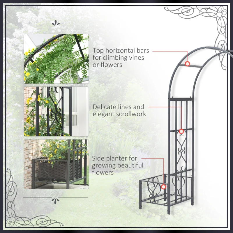 Outsunny 6.7' Steel Garden Arch Arbor with Scrollwork Hearts, Planter Boxes for Climbing Vines, Ceremony, Weddings, Party, Backyard, Lawn, Gray