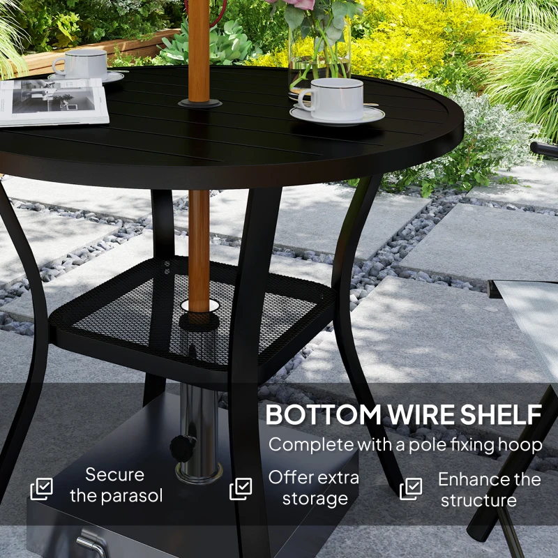 Outsunny 35.5" Round Outdoor Dining Table for 4, Metal Garden Patio Table with 1.6"-2" Umbrella Hole, Shelf, Slatted Top, Black