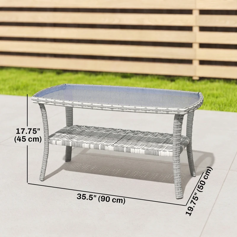 Outsunny Outdoor Coffee Table with Storage Shelf, PE Wicker Patio Table with Glass Top for Garden, Backyard, Dark Grey