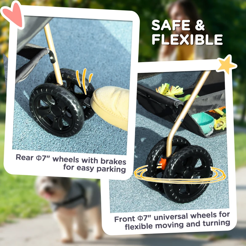 PawHut 3 in 1 Pet Stroller with Detachable Carrier, Foldable Dog Stroller with Storage Basket, Cupholder, for Mini Dogs, Gray