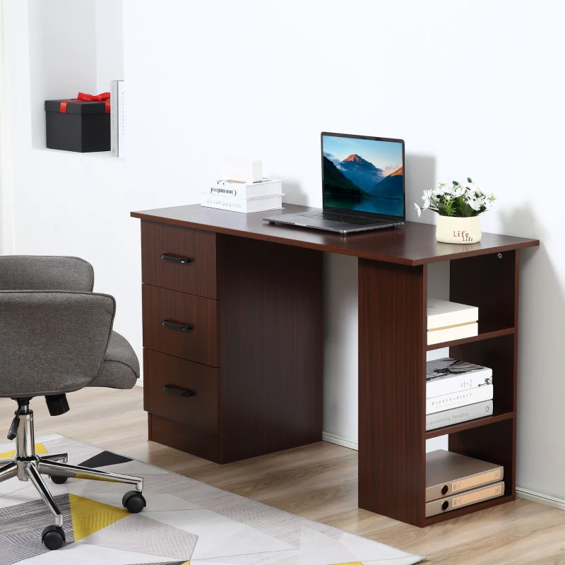 HOMCOM Computer Desk, 47" Writing Table with 3-Tier Shelves and 3 Reversible Drawers for Home Office, Bedroom, Walnut