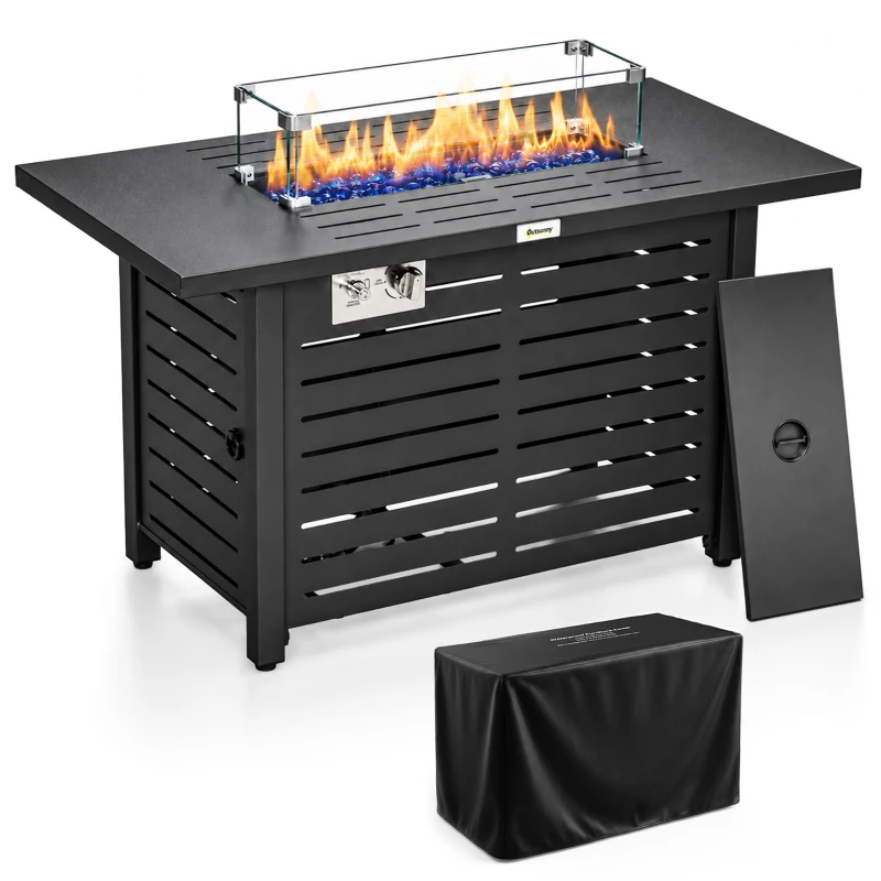 Outsunny Propane Gas Fire Pit Table, Outdoor Firepit with 43" Steel Tabletop and Lid, 50,000 BTU Pulse Ignition Fire Table w/ Stainless Steel Burner, Glass Wind Guard, and Cover