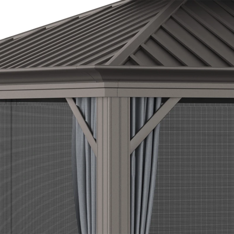 Outsunny 10' x 12' Hardtop Gazebo with Curtains and Netting, Permanent Pavilion Metal Double Roof Gazebo Canopy with Aluminum Frame and Hooks, for Garden, Patio, Backyard, Charcoal Gray