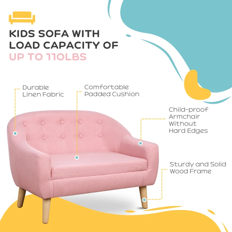 Qaba 2-Seat Kids Sofa, Toddler Sofa Couch, Linen-Like Fabric & Wood Frame Sofa Chair for Ages 3-7, 11" High Seat, Pink