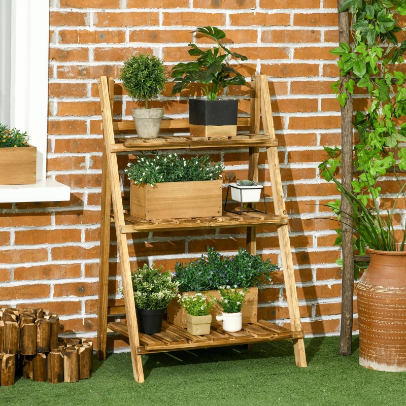 Outsunny 24'' Wooden Plant Stand, 3-Tier Foldable Flower Stand Ladder Display Plant Shelf，Slatted Bottom