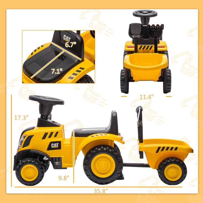 Qaba Caterpillar Licensed Ride-On Construction Toy with Shovel & Trailer, No Power Ride-on Tractor for 18-36 Months