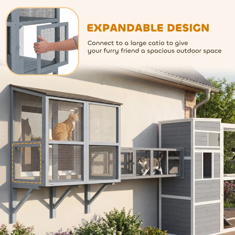 PawHut Catio Outdoor Cat Enclosure Wall-Mounted 2-Level Outdoor Cat House with Waterproof Roof 51.2" Grey