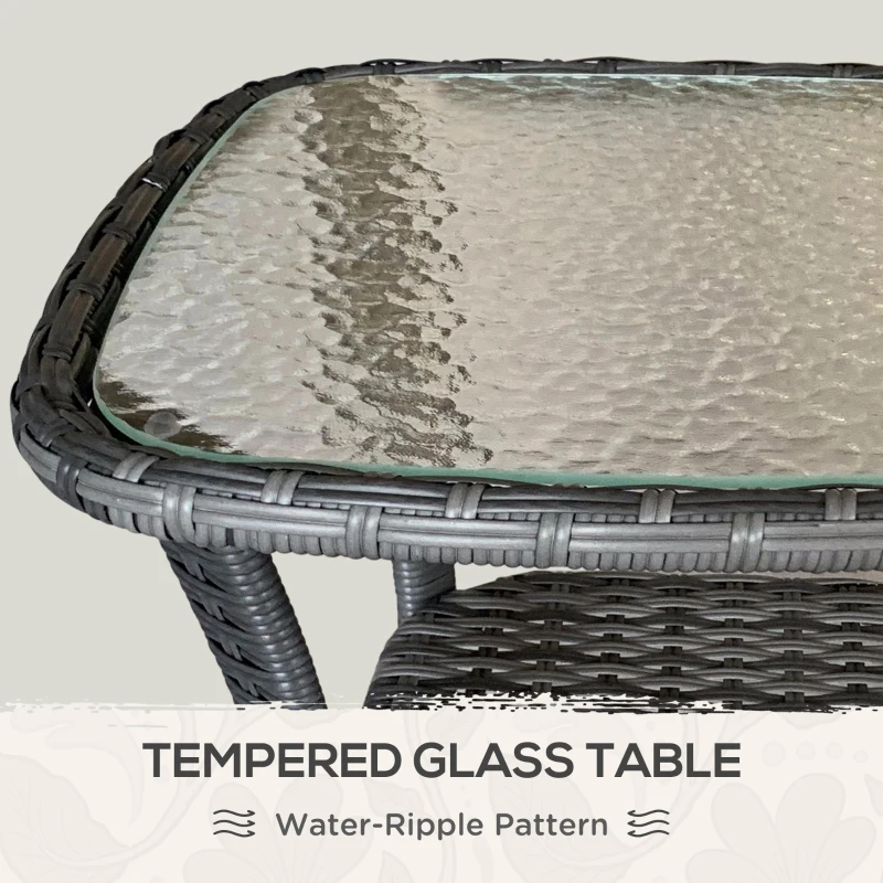 Outsunny Outdoor Coffee Table with Storage Shelf, Hand-Woven Wicker Side Table with Water-Ripple Glass Top, Mix Grey